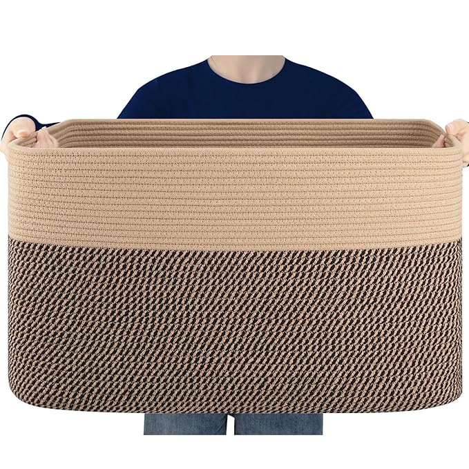 SIXDOVE Extra Large Blanket Basket, Toy Basket Bin for Kids, Cotton Rope Woven Storage Basket for Living Room, Nursery, Baby Room Decorative Organizer, 24''×16''×15'', Brown & Black