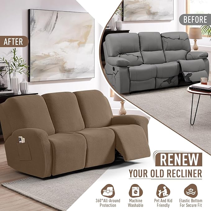 TAOCOCO Recliner Sofa Covers 8-Pieces Stretch Large Couch Covers for 3 Seats Reclining Slipcovers Soft Jacquard Pattern Furniture Protector (Khaki)