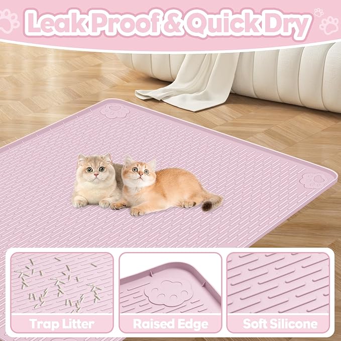 Bartuke Cat Litter Mat, Extra Large 34" x 22" Silicone Mat Litter Trapping Mat for Scatter Control, Soft on Kitty Paws, Easy to Clean (Pink)