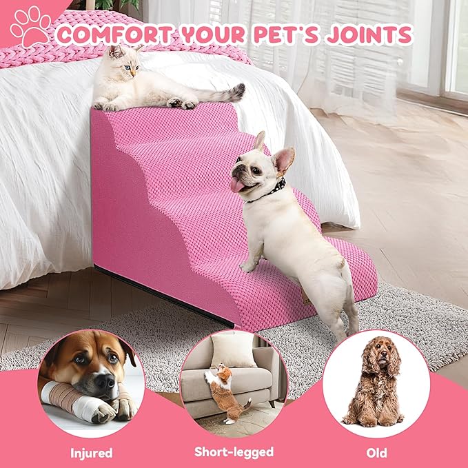 Zerbuger Dog Ramp and Stair for Bed 16" H-20 H,3-Step Cat Stair for Sofa and Chair,4-Step Dog Ramp for High Bed and Window,Durable Nonslip Fabric Cover for Indoor (Pink-20 H, Pet Friendly, 4)
