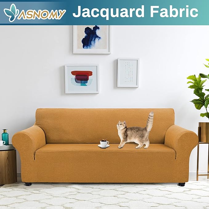Asnomy Couch Covers for 3 Cushion Couch Stretch Sofa Covers Slipcovers, Pet Protector Furniture Covers for Dogs Cats Spandex Jacquard Fabric Small Checks （Large， Golden）
