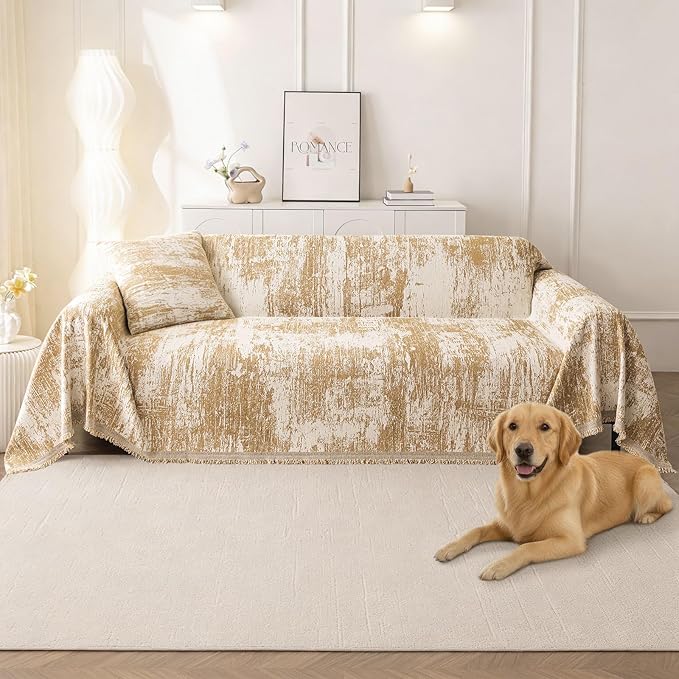 hyha Couch Cover for Dogs, Boho Sofa Covers for 3 Cushion Couch Washable, Chenille Sofa Slipcover for Pets, Soft Loveseat Sectional Couch Throw Blankets with Tassels (Khaki/White, 71x118 Inch)