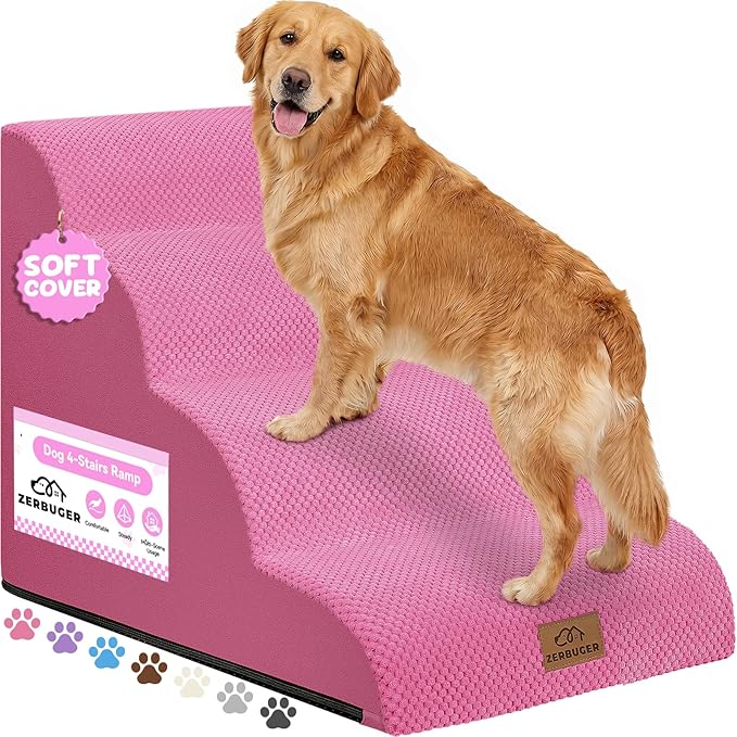 Zerbuger Dog Ramp and Stair for Bed 16" H-20 H,3-Step Cat Stair for Sofa and Chair,4-Step Dog Ramp for High Bed and Window,Durable Nonslip Fabric Cover for Indoor (Pink-20 H, Pet Friendly, 4)