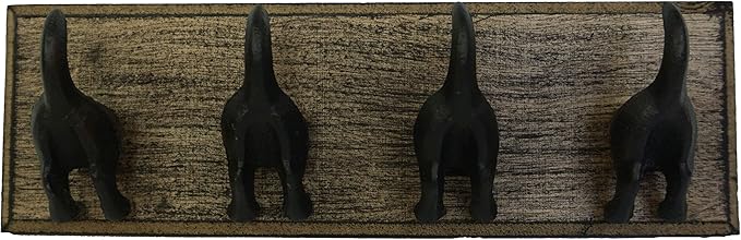 Lulu Decor, Cast Iron Dog Tail Hooks 4 Hooks on a Wood