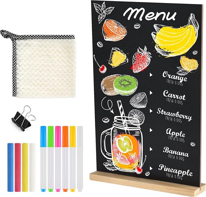 NEBURORA 1 Pack 8 x 12 Inches Tabletop Small Chalkboard Sign with Wood Base Reusable Double-Sided Message Boards Menu Chalkboard Stand for Kitchen Wedding Coffee Shop bar Restaurant