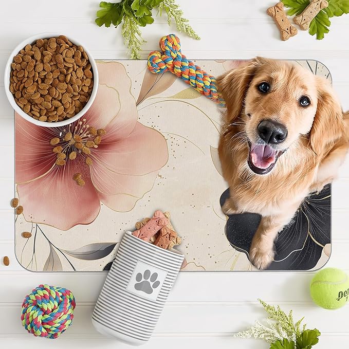 Pink Floral Pet Feeding Mat,Boho Flower Absorbent Quick-Dry Cat Dog Food and Water Bowl Mats,Non-Slip Rubber Backing Mat,Cat Dog Accessories Supplies 16"x24"