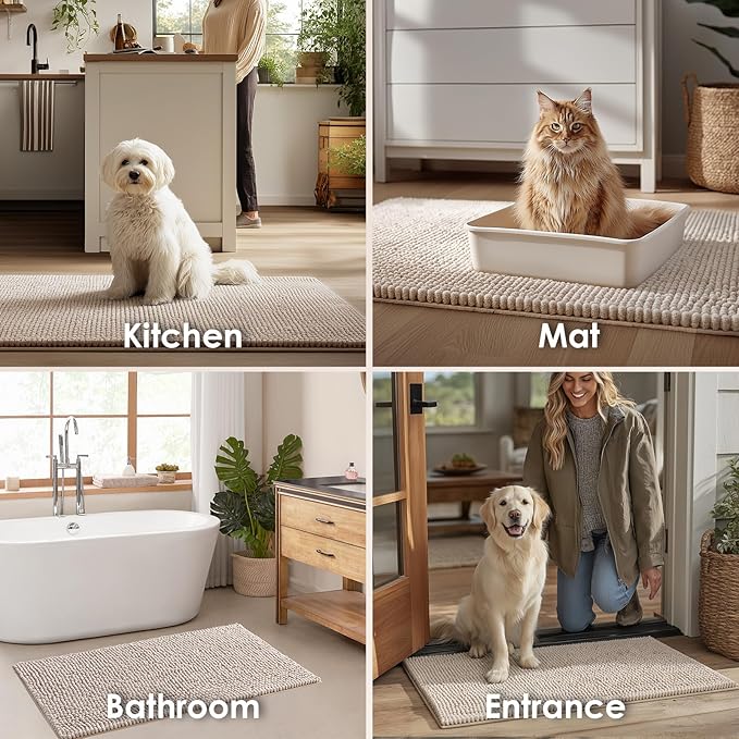 EHEYCIGA Super Absorbent Dog Door Mat for Muddy Paws 60x36 Inch Indoor, Front Doormat Outside Entrance, Quick Dry Chenille Washable Dog Crate Bed, Non-Slip Pet Rug Mud Mat Outdoor Entryway, Beige