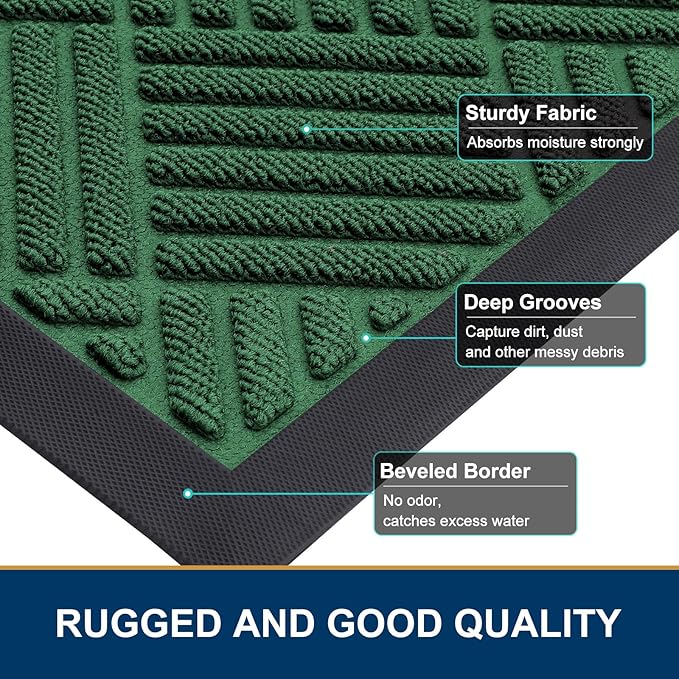 Smiry Front Door Mat Outside Entrance, Heavy Duty Outdoor Indoor Natural Rubber Doormat, Non Slip, Trap Dirt and Moisture, Easy Clean, Low Profile Patio Porch Entryway Mat, 71x47, Green