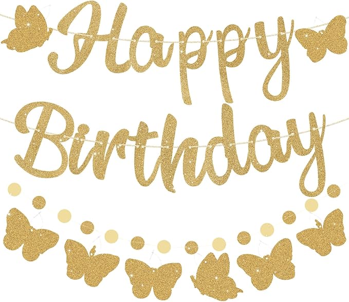Pre-Strung Happy Birthday Banner, Gold Birthday Decorations with Butterflies and Circle Dot Garland, NO DIY Butterfly Party Decorations for Women Girls