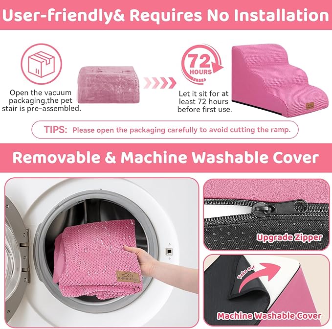 Zerbuger Dog Ramp and Stair for Bed 16" H-20 H,3-Step Cat Stair for Sofa and Chair,4-Step Dog Ramp for High Bed and Window,Durable Nonslip Fabric Cover for Indoor (Pink-16 H, Pet Friendly, 3)