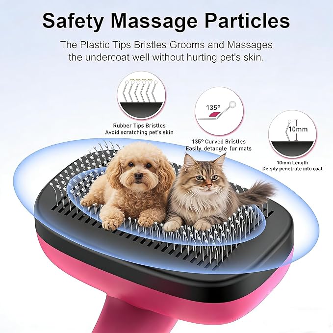 Self Cleaning Slicker Brush for Dogs and Cats - Skin Friendly Shedding & Grooming Tool for Long and Short Haired Pets,Easy Clean Retractable Bristles, Pink