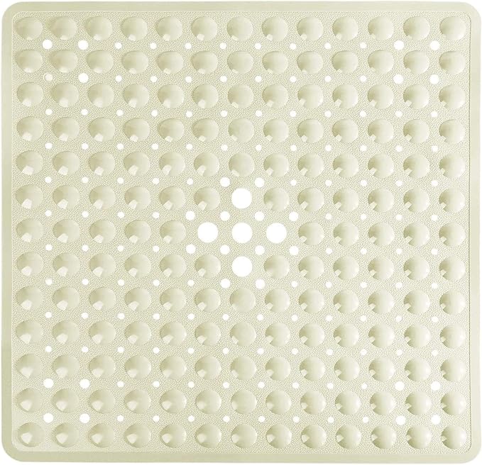 Yimobra Shower Stall Mat Non Slip, 21x21 Inch, Soft Square Bath Mat for Shower with Suction Cups and Drain Holes, Stall Floor Mats for Bathroom, Machine Washable, Bathroom Accessories, Beige