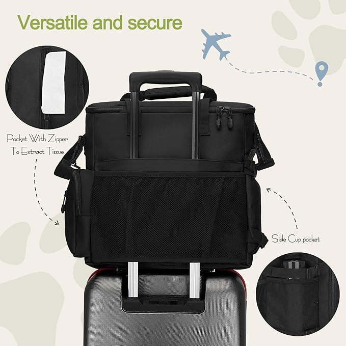 LARIPOP Dog Travel Bag, Airline Approved Tote, Multi-Function Dog Bags for Traveling, Includes 2 Collapsible Bowls, 2 Food Storage Containers, 1 Feeding Mat, Black