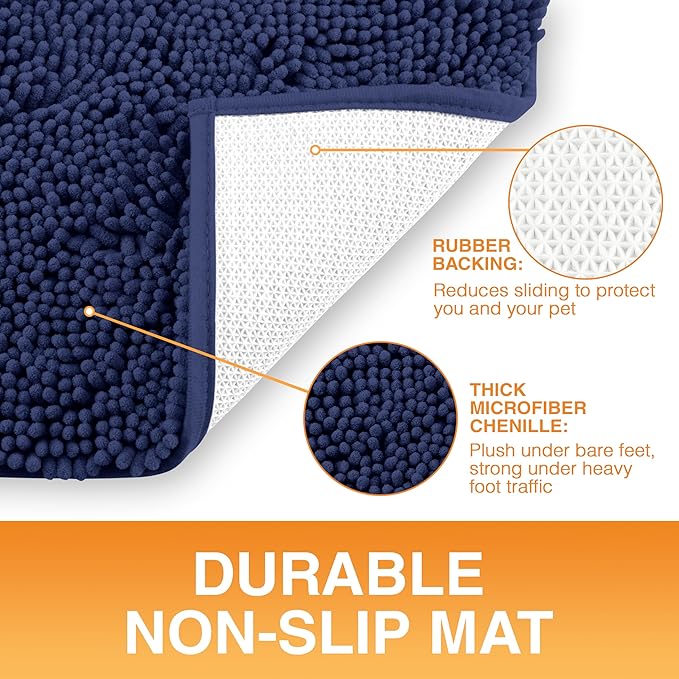 Neater Pets Chenille Dog Door Mat 30” x 20” – Super Absorbent & Quick-Dry Muddy Paws Doormat for Trapping Dirt, Water, Mud - Non-Slip & Machine Washable Pet Rugs for Entryway, Indoor Mud Mats, Navy
