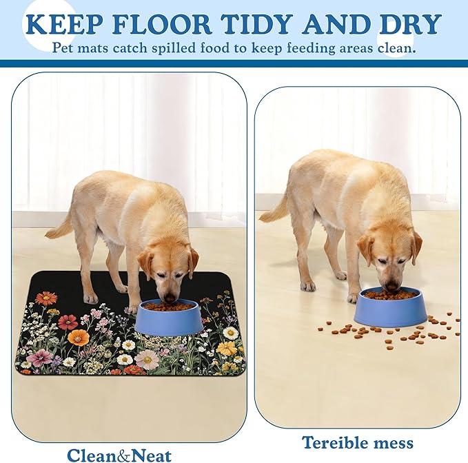 Vintage Wild Herbs Dog Cat Food Mat–Christmas Stocking Absorbent Waterproof Placemat for Food and Water Bowls, Non Slip Rubber Backing, Feeding Mat for Clean Floors 12"x20"