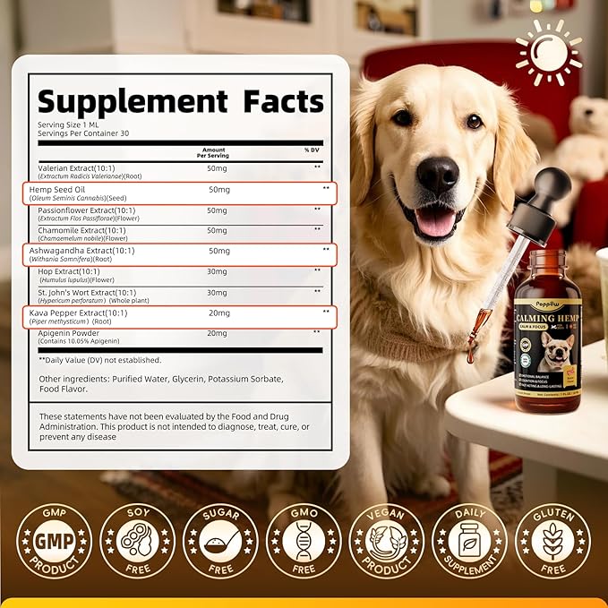 Calming Drops for Dogs, Soothe Separation, Thunder & Fireworks Stress, Support Calmness, Focus & Cognitive Health, Promote Emotional Balance, for Dogs 12 Weeks+, Chicken Flavor, 1 FL.OZ