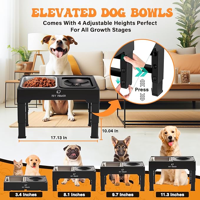 Dog Bowls Elevated Large Breed, Raised Dog Bowl Stand with 4 Adjustable Height, Stainless Steel Food Bowl & No-Spill Water Bowl for Small, Medium, Large Dogs