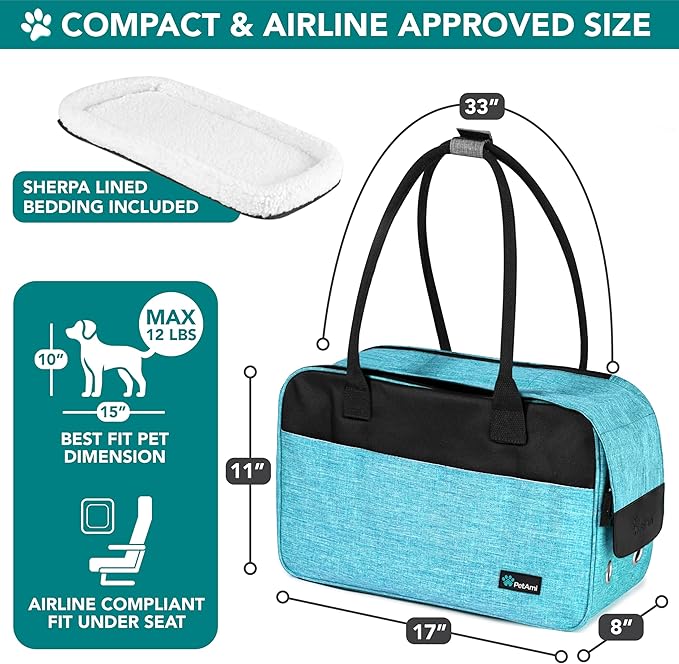 PetAmi Dog Purse Carrier for Small Dogs, Airline Approved Soft Sided Pet Carrier with Pockets, Ventilated Dog Carrying Bag for Puppy Cat, Dog Travel Supplies Bag, Sherpa Bed, Max 12 lbs, Teal Blue