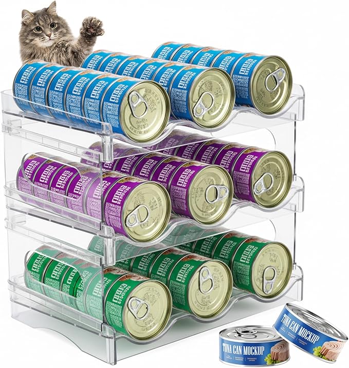 Mowhut Cat Food Can Organizer, Can Organizer for Pantry, 3-Tier Cat Food Storage Container, Acrylic, Holds 45 (3oz) Cans, Kitchen Organizers and Storage for Countertop, Clear