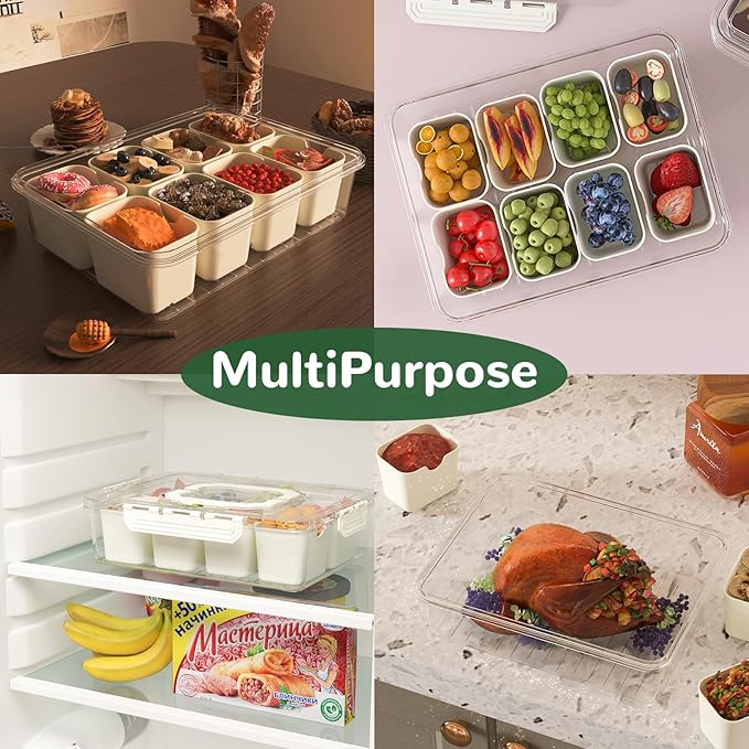REBECAT Divided Serving Tray with Lid and Handles 8 Compartments Snack Box Container Charcuterie Organizer Snackle Box Container for Candy,Nuts，Fruits,Snacks,3 Pack,Beige