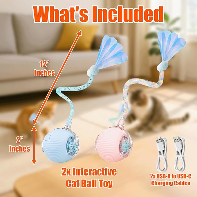 Lila Layers 2-Pack Interactive Cat Ball Toys – Pink & Blue Combo – Automatic Rolling Balls with Long Tail & Feather, 3-Modes & USB Rechargeable for Indoor Cats