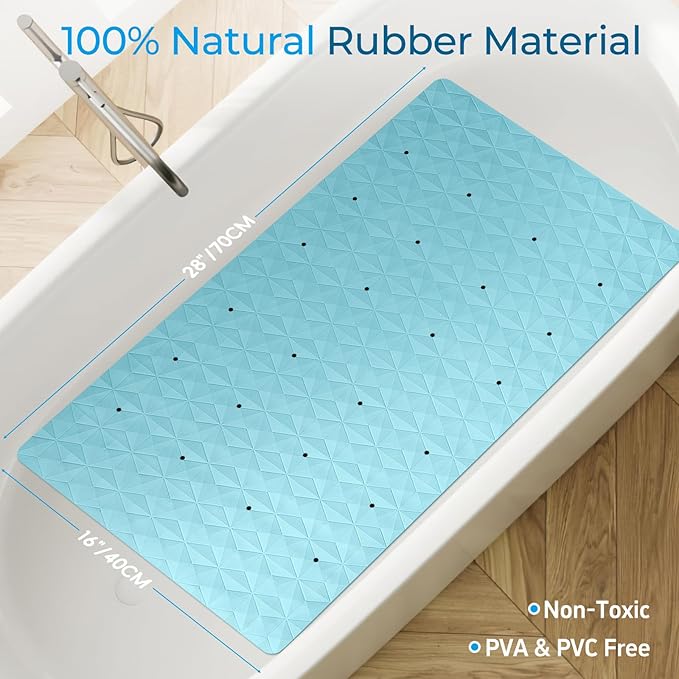 Non Slip Bathtub Mat for Bath Tub Shower - Natural Rubber Mat with 241 Suction Cups - Soft Bathroom Safety Mat - Unique Diamond Pattern - Fatigue Relief - Machine Washable - 16 × 28 Inch