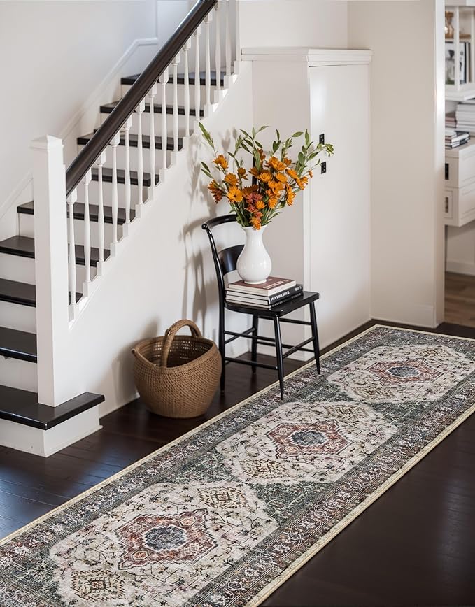 Lahome Oriental Washable Hallway Runner Rug, 2x6 Runners for Hallways Non Slip Ultra-Thin, Vintage Soft Long Carpet for Kitchen Bathroom Bedroom Laundry Room Eleanor,Brown/Grey