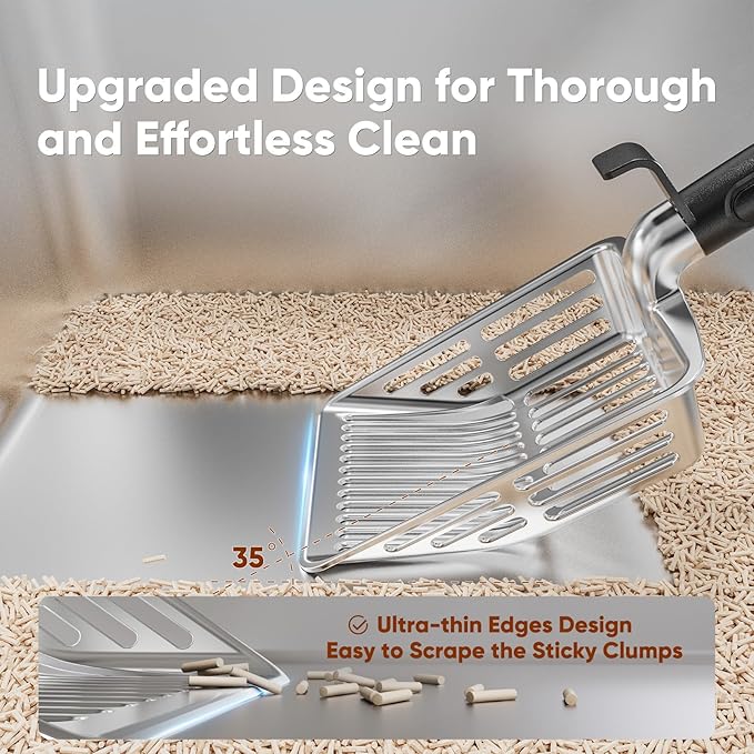 KooMooM Metal Cat Litter Scoop, Large Cat Scooper with Deep Shovel & Dual Sifting Holes for Fast & Precise Sifting, Space Aluminum Kitty Litter Scooper with Long Handle & Easy-to-Hang Hook - Black