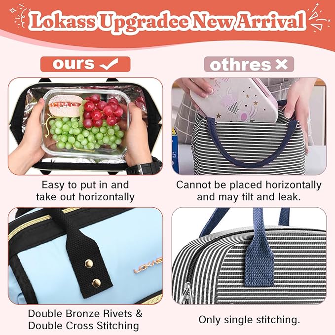 Lunch Bag Women Insulated Lunch Box Wide-Open Lunch Tote Bag Large Drinks Holder Durable Nylon Thermal Snacks Organizer for Men Adults Work Picnic Hiking Beach Fishing, Pink + Black