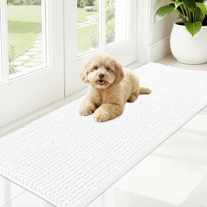 OLANLY Dog Door Mat for Muddy Paws 59x20, Ultra Absorbent Chenille Mud Doormat, Non-Slip Washable and Dirt Trapping Doormat for Indoor Entryway, Quick-Dry Indoor Pet Bed Mats for Dogs, White
