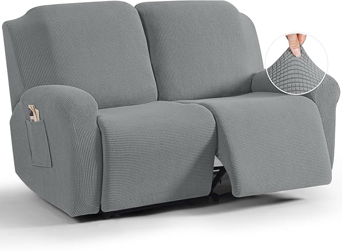 TAOCOCO Recliner Loveseat Slipcover, 6 Pieces Dual Recliner Sofa Covers for 2 Seat Dual Reclining Loveseat Couch, Stretch Soft Jacquard Pattern Furniture Protector with Elasticity (2XL, Dusty Grey)