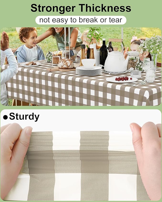 Smiry 20 Packs Gingham Disposable Table Cloth, 54 x 108 Inch Waterproof Plastic Tablecloth, Rectangle Khaki and White Checkered Table Covers for Outdoor, Picnic, Birthday, Party