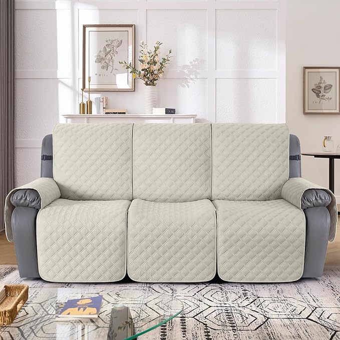 TAOCOCO 100% Waterproof Recliner Couch Covers, Recliner Sofa Covers with Leg Straps, 1-Piece Washable Reclining Sofa Cover with Pocket Couch Protector for Pets Kids(3 Seater, Ivory)