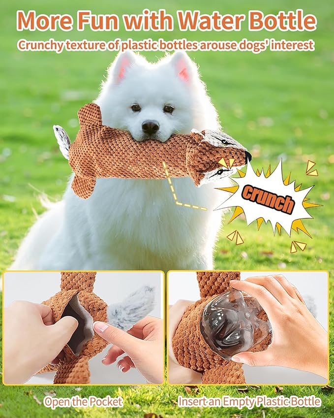 KrauzPet Dog Toys, Squeaky Plush No Stuffing Crinkle Dog Toy for Small Medium Large Dogs, Interactive Puppy Teething Water Bottle Dog Chew Toy