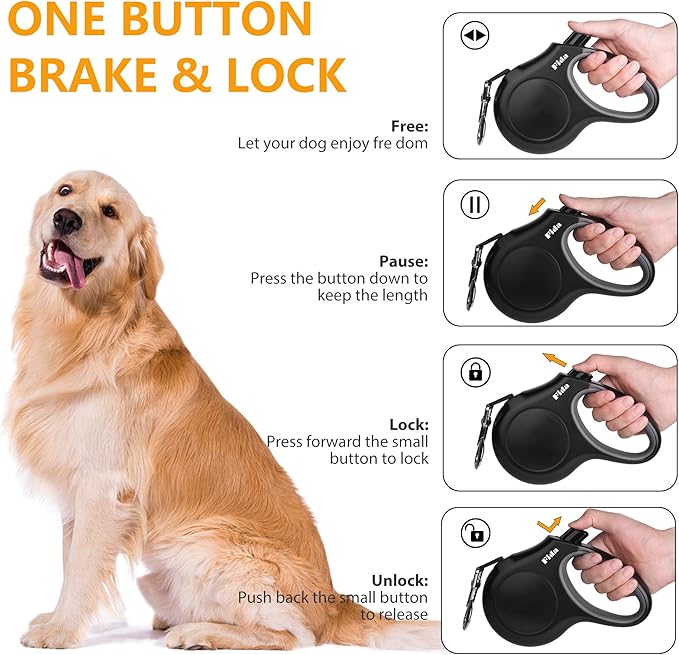 Fida Retractable Dog Leash with Dispenser and Poop Bags, 10 ft Pet Walking Leash for X-Small Dog or Cat up to 18 lbs, Anti-Slip Handle, Tangle Free, Reflective Nylon Tape (XS, Black)