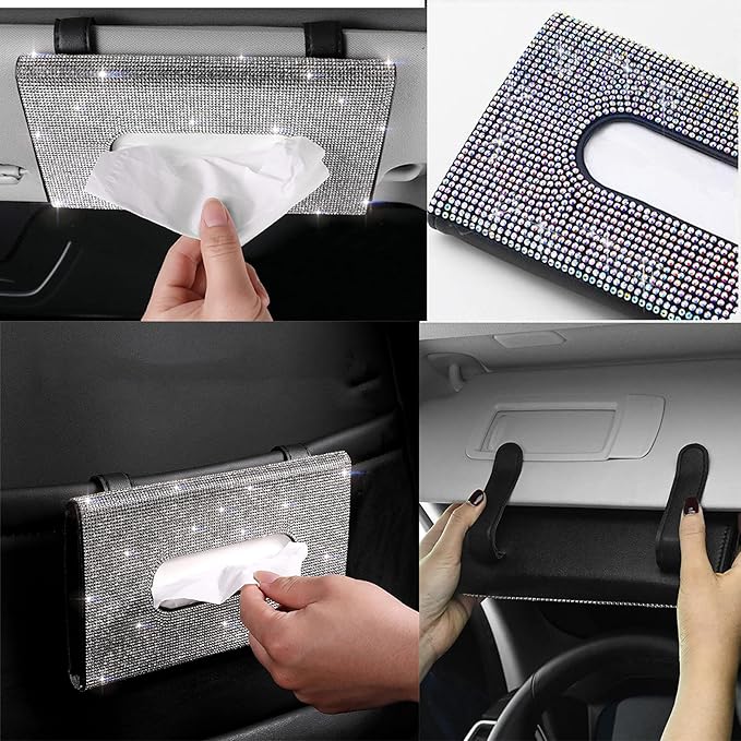 Bling Car Sun Visor Tissue Mask Box Holder, Bling Car Accessories for Women Girls, Hanging Crystal Sparkling Diamond Napkin Holder Paper Towel Cover,PU Leather Backseat Tissue Case