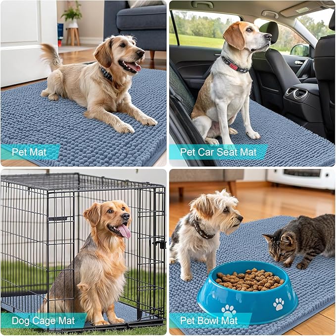 OLANLY Dog Door Mat for Muddy Paws 47x32, Absorbs Moisture and Dirt, Absorbent Non-Slip Washable Doormat, Quick Dry Chenille Mud Mat for Dogs, Entry Indoor Entryway Carpet for Inside Floor, Airy Blue
