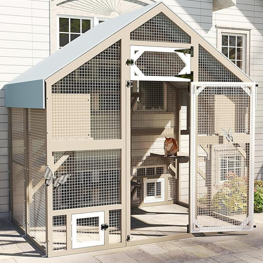 71" H Catio Outdoor Cat Enclosure Weatherproof, Large Walk-in Catio Cat Patio Attached Window for Multiple Cats, Waterproof Kitty Enclosure Outside with 2 Condos, 6 Platforms