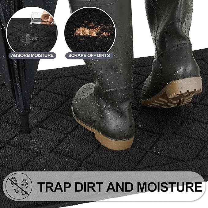 REFETONE Indoor Doormat, Front Back Door Mat 24"x36" Rubber Backing Non Slip Mats, Absorbent Washable Entrance Doormat for Entryway, Resist Dirt Low-Profile Inside Floor Mat for Muddy Shoes, Black