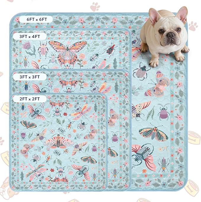 Lahome Washable Reusable Pee Pads for Dogs - Blue Butterfly & Insect Print 2 Pack Puppy Pads, Super Absorbent & Waterproof Training Mats for Crate & Floor - Leakproof with Non-Slip Backing (36"x48")