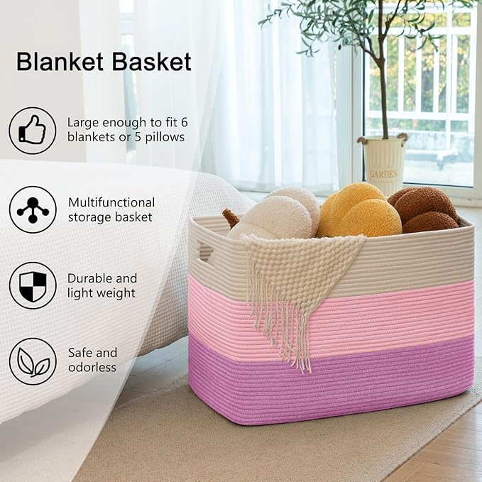 OIAHOMY 108L Super Large Blanket Basket, 25”x16”x16” Rectangle Woven Baskets for Storage, Cotton Rope Basket For Living Room, Toy Storage with Handle - Gradient Pink