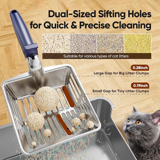 KooMooM Metal Cat Litter Scoop, Large Cat Scooper with Deep Shovel & Dual Sifting Holes for Fast & Precise Sifting, Space Aluminum Kitty Litter Scooper with Long Handle & Easy-to-Hang Hook - Blue