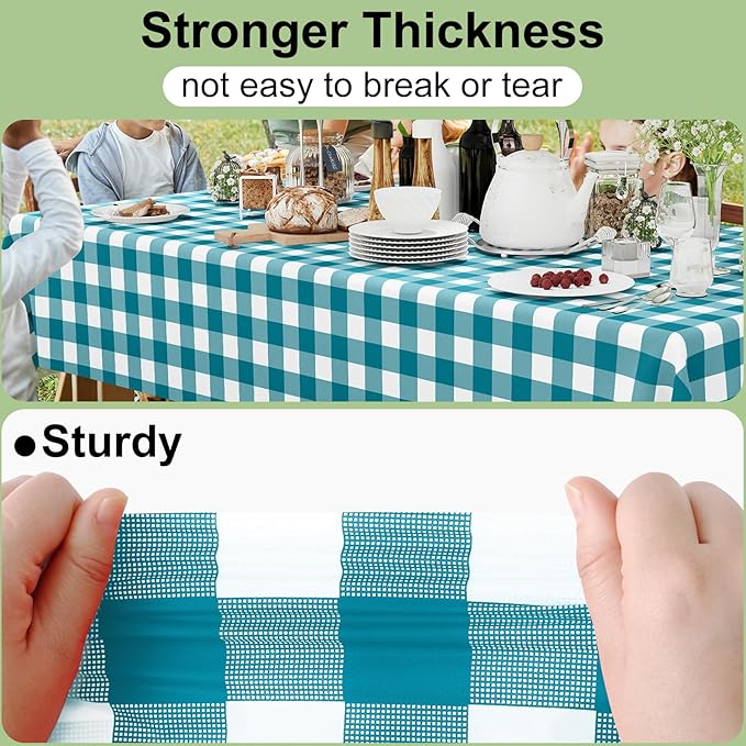 Smiry 12 Packs Gingham Disposable Table Cloth, 54 x 108 Inch Waterproof Plastic Tablecloth, Rectangle Turquoise and White Checkered Table Covers for Picnic, Birthday, Party