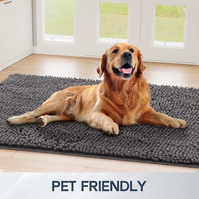 Futurwit Dog Door Mat for Muddy Paws, 60" x 30" Chenille Absorbent Front Door Mat Inside, Large Runner Mud Mat for Dogs, Trap Dirt Washable Non Slip Outdoor Indoor Entrance Doormats, Grey