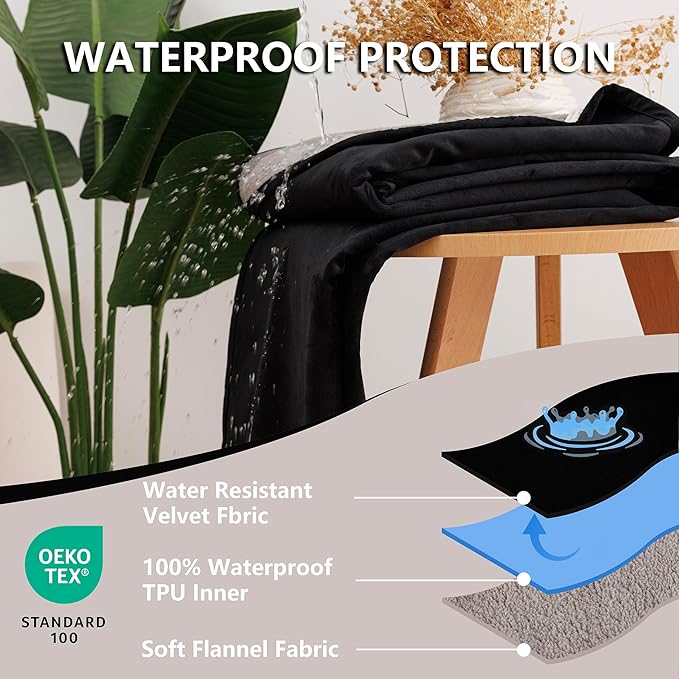 Waterproof Dog Blanket for Couch, Reversible Pet Throw Blankets Leak Proof Sofa Bed Protector for Furniture Machine Washable-68x82,Black+Lightgrey