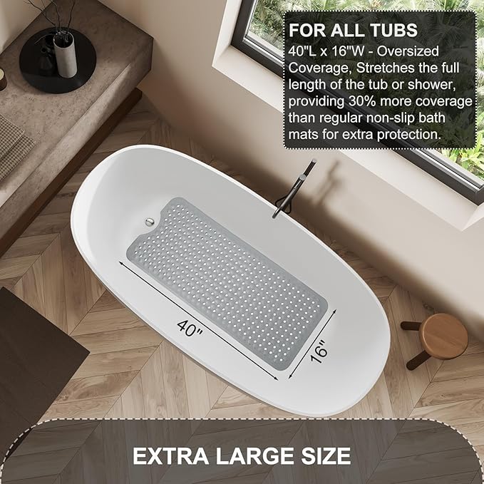 Bath Tub and Shower Mats, Non Slip 40 x 16 Inch Extra Large Bathtub Mat, Machine Washable Bathmat with Drain Holes, Suction Cups for Bathroom Floor, Gray