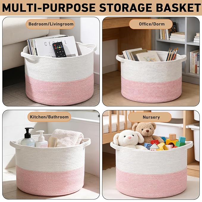 90L Extra Large Pink Woven Cotton Rope Basket with Handles, Kids Nursery Laundry Hamper for Toys, Blankets, Pillows & Comforters, Cute Storage Bin for Bedroom & Playroom