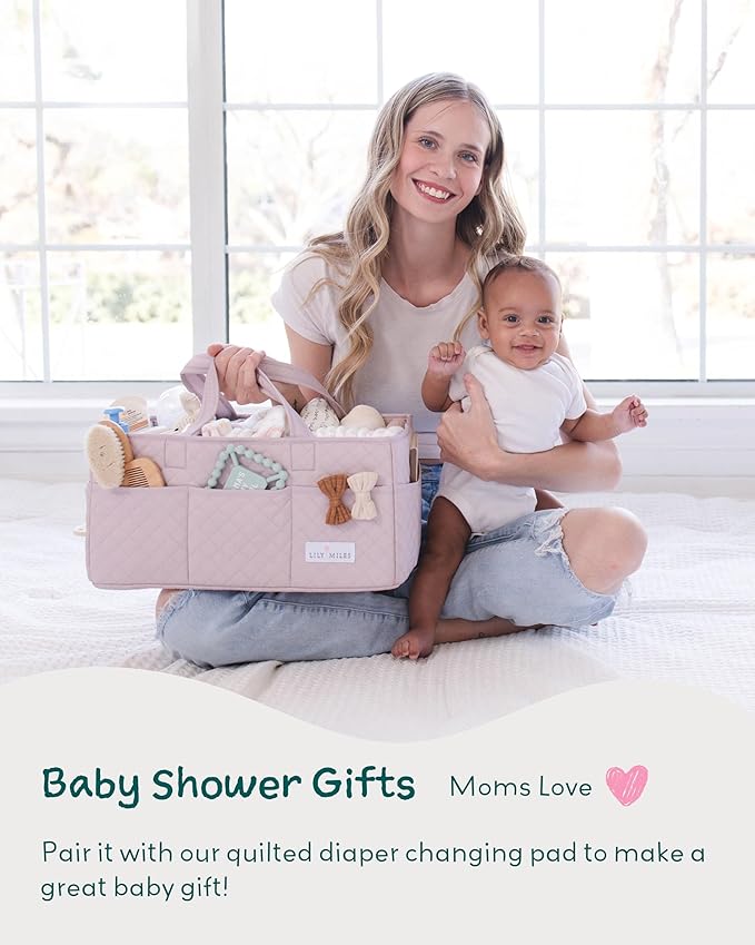 Lily Miles Baby Diaper Caddy Organizer, Quilted Nursery Storage Organizer for Newborn Essentials and Diaper Changing Station, Gift for Baby Shower and Registry Must-Have (Rosy Lilac)
