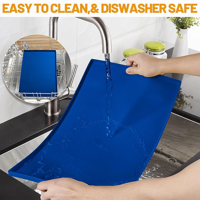 Hubulk Dog Feeding Mat,100% Waterproof Food Grade Silicone Pet Food and Water Bowl Placemat,Dishwasher, High Raised Edge to Prevent Spills,Nonslip Tray to Stop Messes on Floor（28"x18"x0.8", Navy）