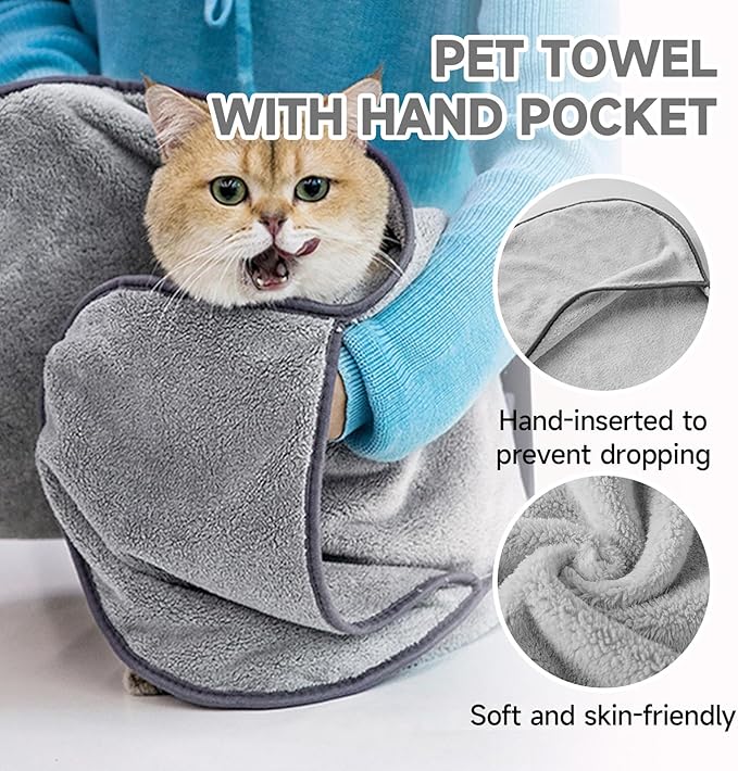 KUEIOX Dog Towels for Drying Dogs Small Medium Large, 2 Pack Dog Cat Drying Bath Towel 30.3"x13.8" with Hand Pocket,Absorbent Pet Towel for Dog Cat Grey